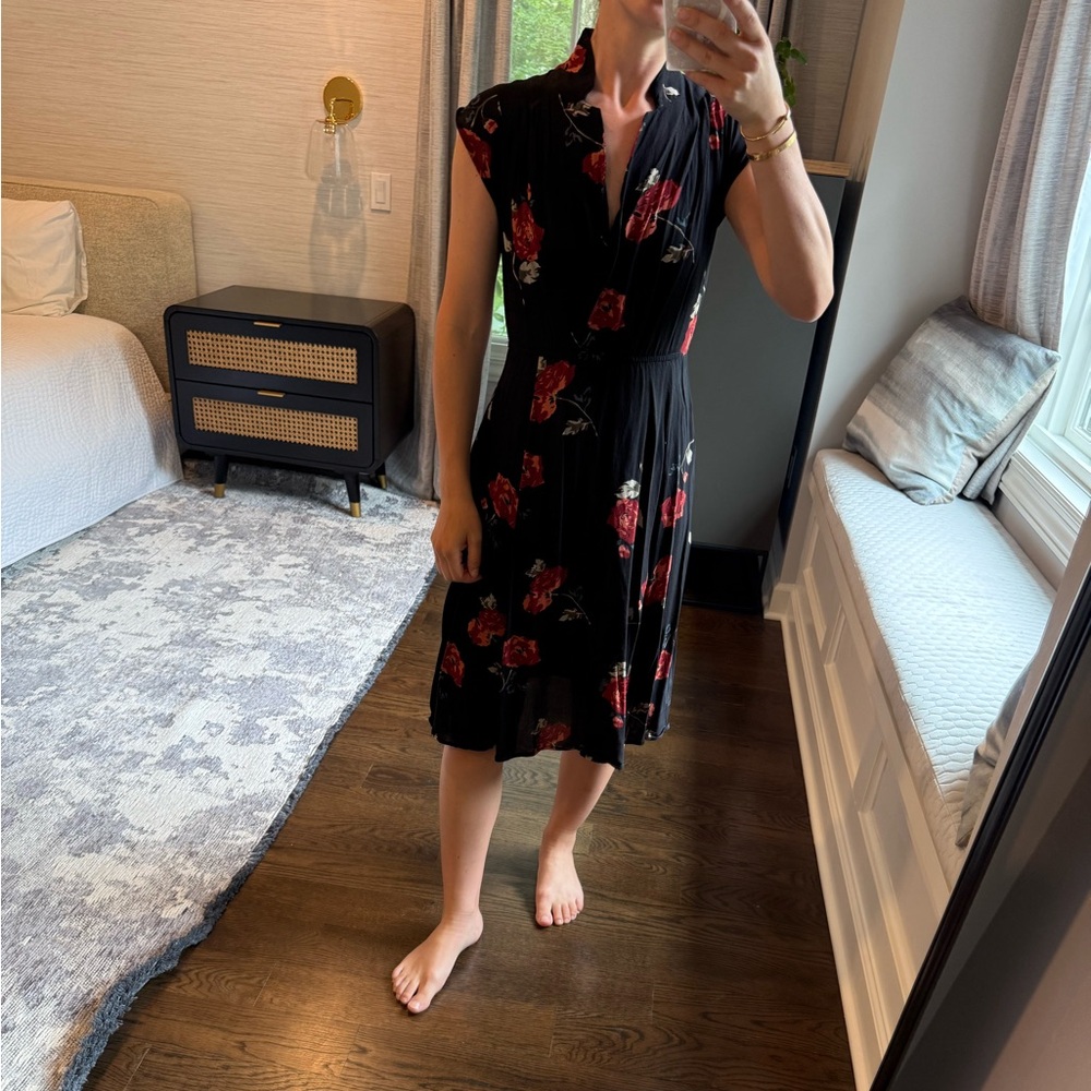 Reformation Black Knee Length Dress with Red Floral Design
